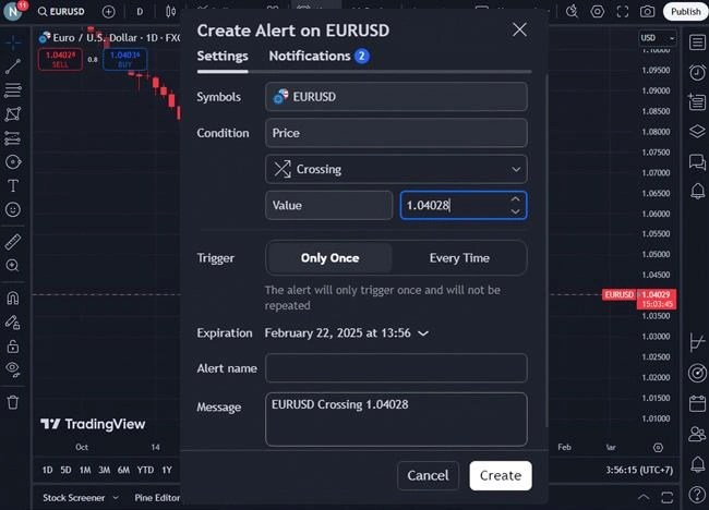 Cara mengatur price alert atau notifikasi harga di TradingView