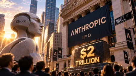 IPO Anthropic Makin Dekat, Valuasi Tembus US$2 Triliun? Ilustrasi Anthropic dan Claude di Wall Street, menggambarkan rencana IPO dengan potensi valuasi US$2 triliun.