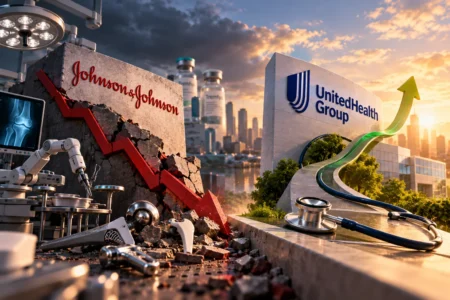 JNJ Tertekan Bisnis Medis, UNH Catat Pemulihan - Blog Nanovest Ilustrasi kontras kinerja Johnson & Johnson yang tertekan oleh perlambatan bisnis perangkat medis dan UnitedHealth Group yang menunjukkan pemulihan, dengan simbol peralatan medis serta grafik pergerakan saham kedua perusahaan.