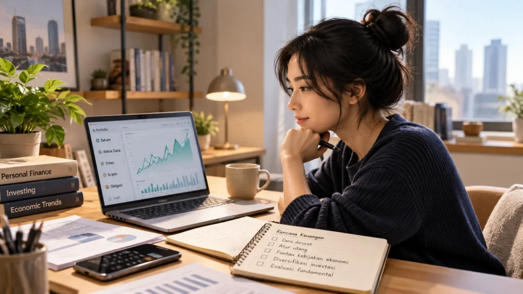 Investor mengevaluasi kondisi keuangan dan portofolio investasi melalui laptop dan catatan keuangan.