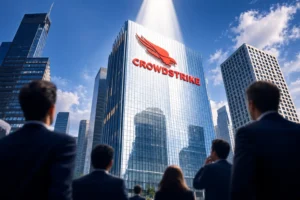 Gedung CrowdStrike disorot cahaya, menggambarkan perhatian investor terhadap lonjakan saham dan valuasi perusahaan