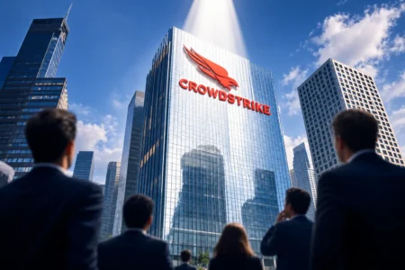 CrowdStrike headquarters under a spotlight as investors scrutinize the companys soaring stock valuation - Blog Nanovest Gedung CrowdStrike disorot cahaya, menggambarkan perhatian investor terhadap lonjakan saham dan valuasi perusahaan