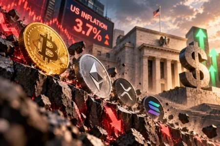 Ilustrasi koin Bitcoin, Ethereum, XRP, dan Solana mengalami penurunan di tengah inflasi AS sebesar 3,7%, dengan gedung Federal Reserve dan simbol dolar menguat, menggambarkan tekanan pada pasar kripto akibat inflasi tinggi dan ketidakpastian suku bunga AS.