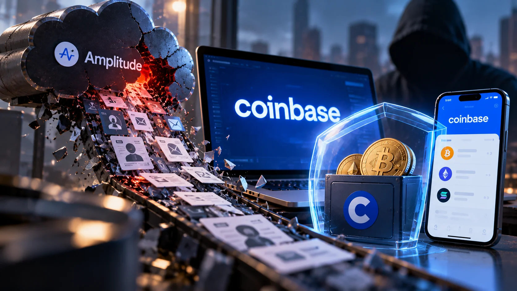 Ilustrasi kebocoran data pelanggan melalui Amplitude, sementara sistem dan aset kripto Coinbase tetap terlindungi.