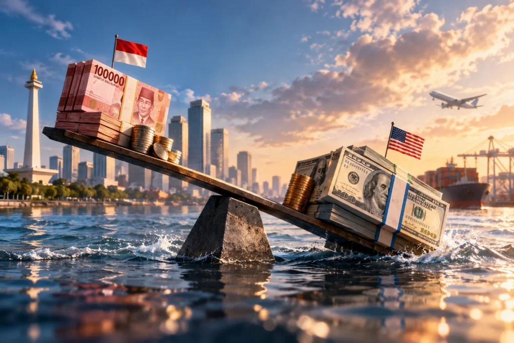 Ilustrasi jungkat-jungkit dengan uang rupiah dan dolar AS di tengah kawasan perdagangan, menggambarkan ketidakseimbangan nilai tukar akibat penguatan dolar dan tekanan ekonomi global.
