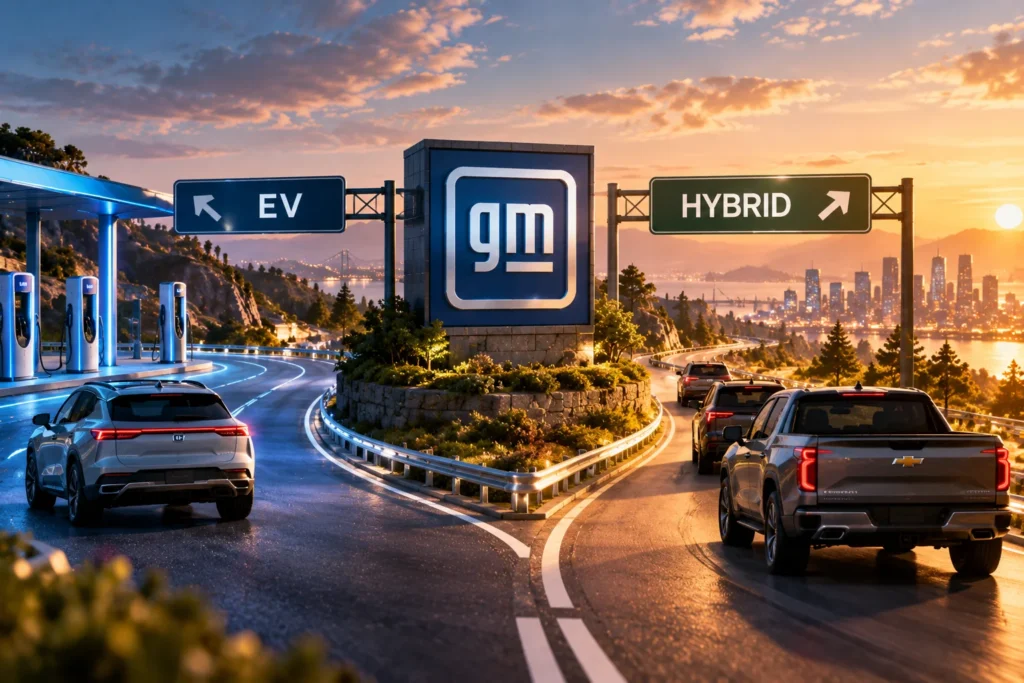 GM Kembali Bidik Hybrid saat Permintaan EV Melambat - Blog Nanovest Ilustrasi kendaraan General Motors di persimpangan jalur EV dan hybrid, menggambarkan perubahan strategi GM yang kembali memperluas kendaraan hybrid saat pertumbuhan permintaan EV melambat.