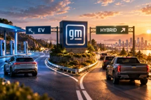 Ilustrasi kendaraan General Motors di persimpangan jalur EV dan hybrid, menggambarkan perubahan strategi GM yang kembali memperluas kendaraan hybrid saat pertumbuhan permintaan EV melambat.