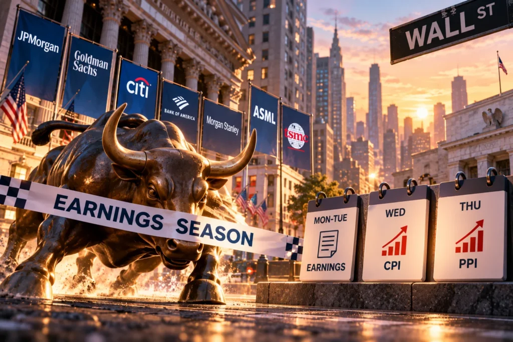 Earnings Season Dimulai, Wall Street Pantau Inflasi - Blog Nanovest Ilustrasi banteng Wall Street menerobos garis awal earnings season, dengan logo bank-bank besar AS, ASML, TSMC, serta kalender CPI dan PPI, menggambarkan agenda utama pasar saham AS pada pekan 12–16 Oktober 2026.