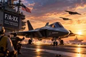 Ilustrasi jet tempur generasi keenam F/A-XX Boeing di atas kapal induk Angkatan Laut AS, menggambarkan kemenangan kontrak Pentagon senilai lebih dari US$20 miliar untuk pengembangan pesawat tempur masa depan.