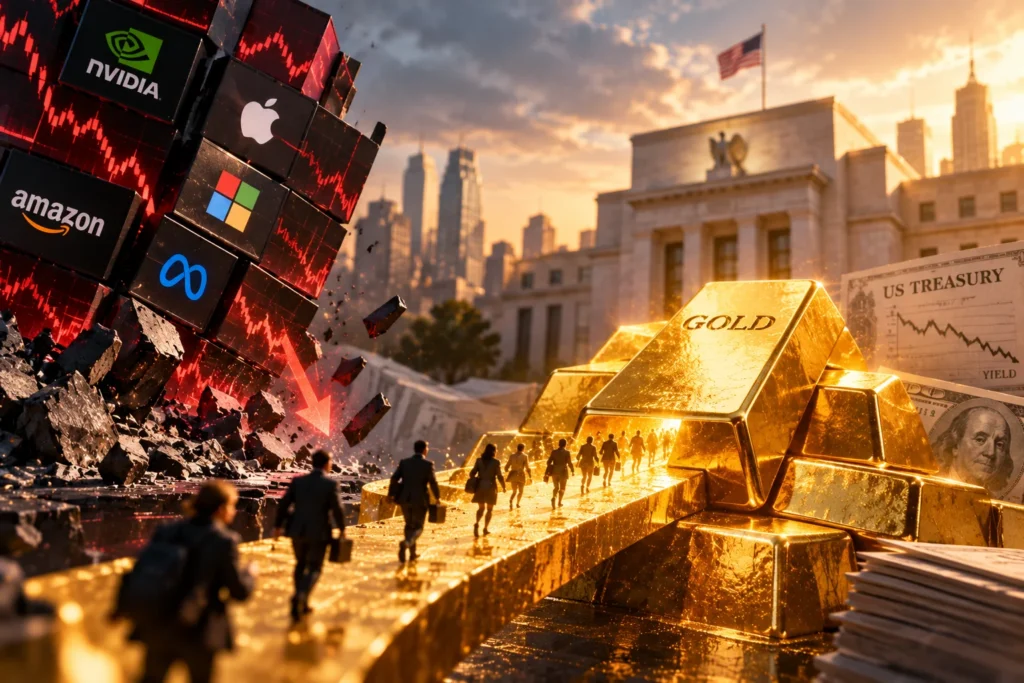 Harga Emas Naik, Sell-Off Saham AI Jadi Pemicu - Blog Nanovest Ilustrasi aksi jual saham teknologi AI yang ditandai grafik merah dan logo perusahaan teknologi, sementara investor beralih menuju emas batangan sebagai aset aman, menggambarkan kenaikan harga emas di tengah pelemahan saham AI dan penurunan yield Treasury AS.