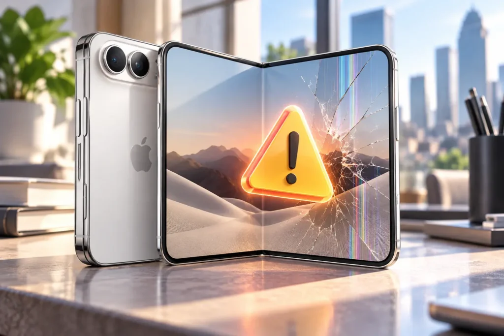 Foldable Phone with Cracked Warning Screen - Blog Nanovest iPhone Duo mengalami Kerusakan