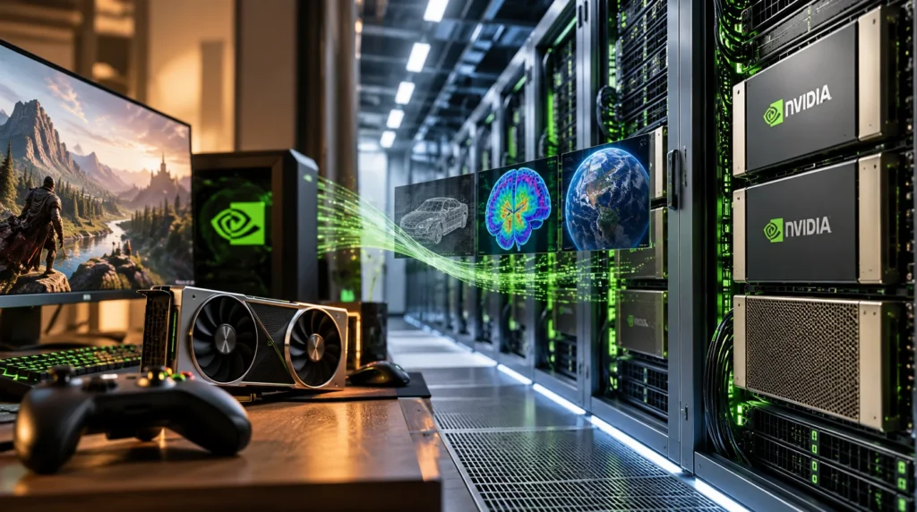Infrastruktur komputasi AI menjadi salah satu bidang bisnis utama NVIDIA, didukung GPU, jaringan, dan platform perangkat lunak.