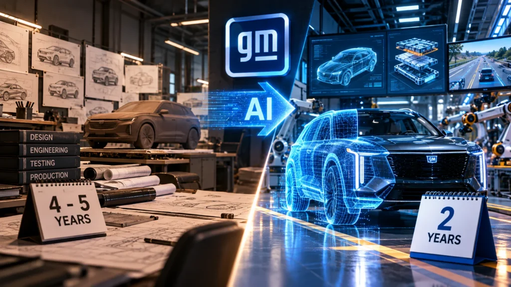GM Andalkan AI untuk Pangkas Waktu Produksi Mobil - Blog Nanovest Ilustrasi pabrik mobil General Motors dengan teknologi AI untuk mempercepat pengembangan dan produksi kendaraan.