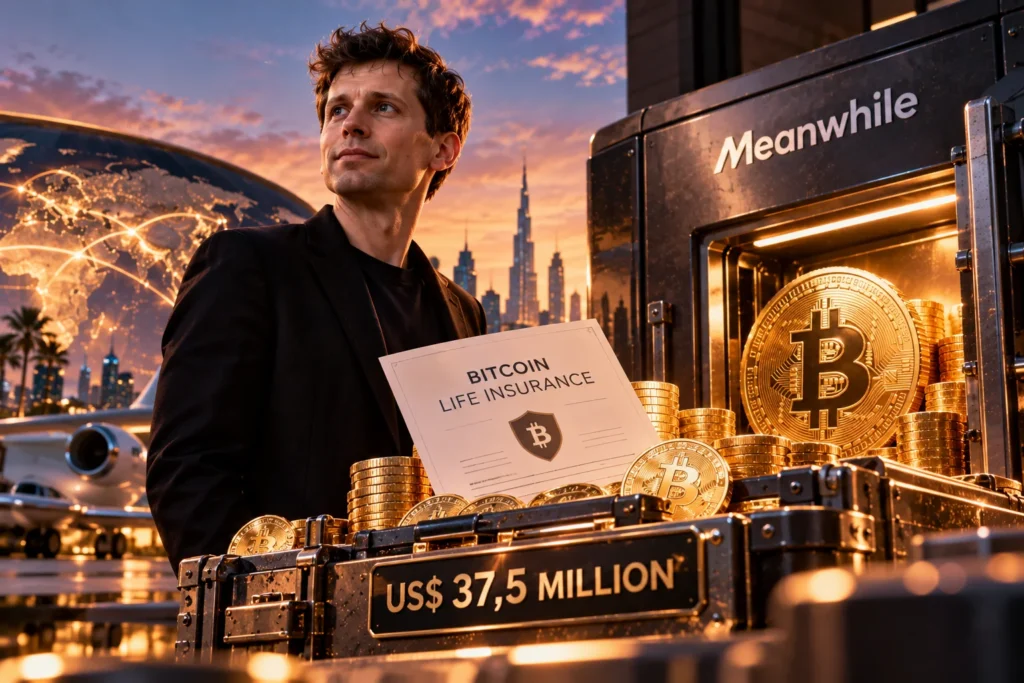 Didukung Sam Altman, Asuransi Berbasis Bitcoin Raih US,5 Juta - Blog Nanovest Ilustrasi sosok eksekutif teknologi di samping brankas Meanwhile berisi Bitcoin dan polis asuransi jiwa, menggambarkan pendanaan US$37,5 juta untuk memperluas layanan asuransi berbasis Bitcoin.