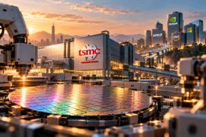 Ilustrasi fasilitas manufaktur TSMC dengan wafer semikonduktor dan jalur menuju perusahaan teknologi global, menggambarkan peran TSMC sebagai fondasi produksi chip di tengah meningkatnya permintaan AI.