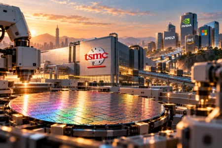 Ilustrasi fasilitas manufaktur TSMC dengan wafer semikonduktor dan jalur menuju perusahaan teknologi global, menggambarkan peran TSMC sebagai fondasi produksi chip di tengah meningkatnya permintaan AI.