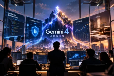 Ilustrasi Gemini 4 Argon sebagai model AI frontier Google yang menangani software engineering, cybersecurity, keuangan, dan hukum, menggambarkan fokusnya pada pekerjaan profesional kompleks