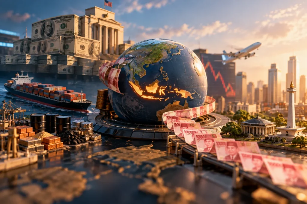 Ilustrasi globe dengan Indonesia sebagai pusat, dikelilingi uang rupiah, dolar AS, kapal perdagangan, dan aktivitas ekonomi, menggambarkan pengaruh arus modal, perdagangan internasional, dan kondisi global terhadap nilai tukar rupiah.
