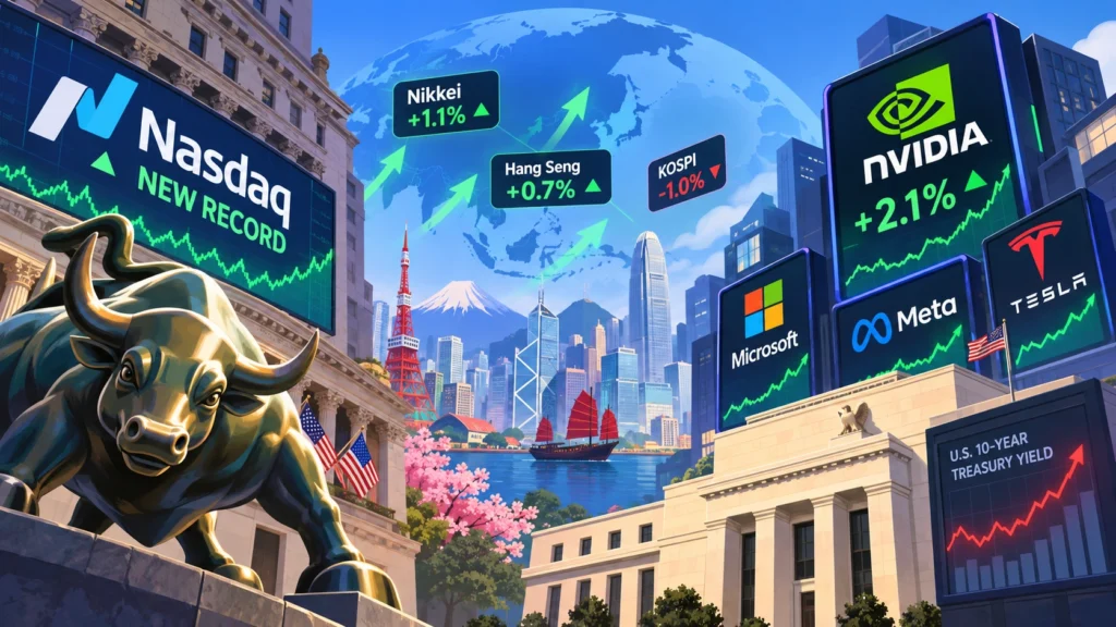 Global Markets Rally in Tech Cityscape - Blog Nanovest Bull statue in a city plaza with a towering Nasdaq 'New Record' screen and a globe backdrop showing global markets.