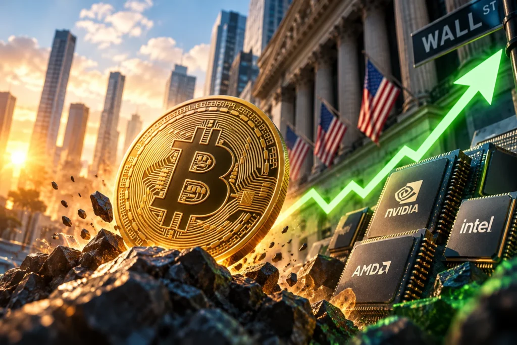 Bitcoin Tembus US.000, Saham Chip AS Ikut Rebound - Blog Nanovest Ilustrasi Bitcoin dan chip Nvidia, AMD, serta Intel menguat di Wall Street, menggambarkan rebound pasar kripto dan saham semikonduktor AS.