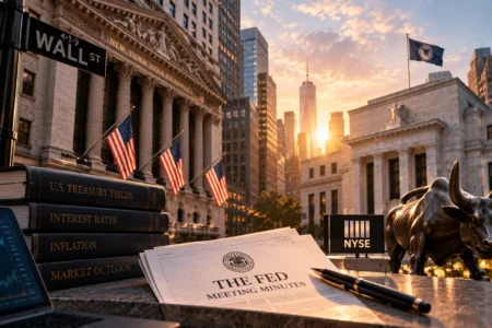 Wall Street Pekan Ini: Yield Tinggi dan Risalah The Fed Dinanti Ilustrasi Wall Street dengan dokumen risalah The Fed dan simbol yield Treasury, menggambarkan perhatian investor terhadap suku bunga tinggi dan petunjuk kebijakan moneter AS menjelang perdagangan pekan ini.