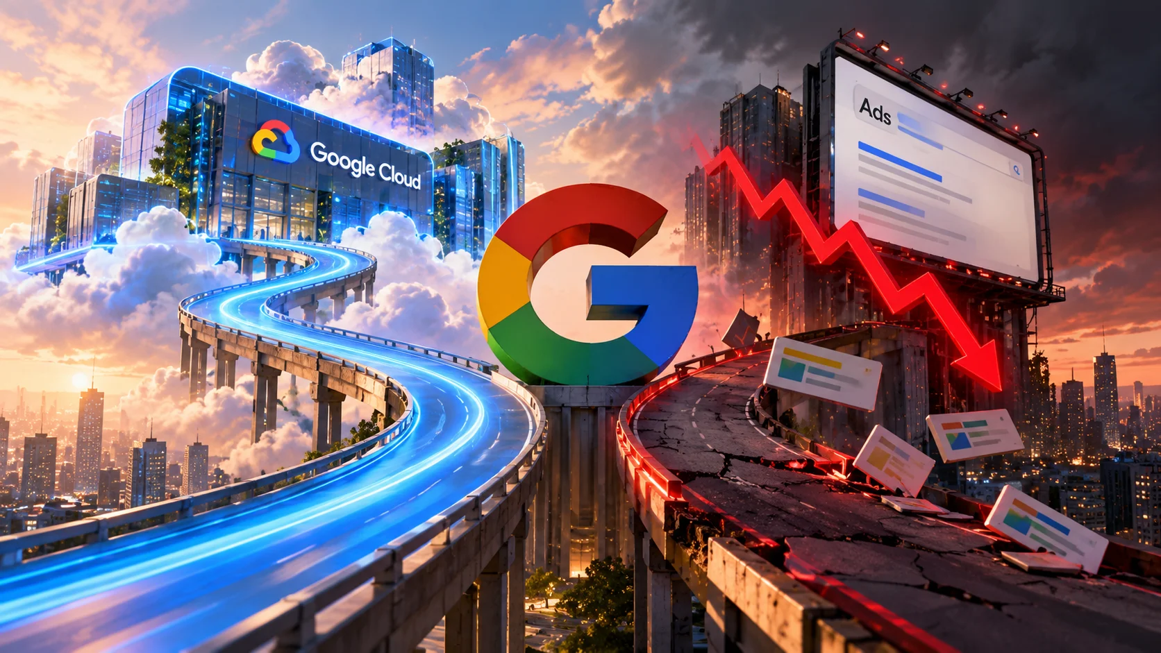 Ilustrasi Google Cloud tumbuh pesat sementara bisnis iklan melemah, memicu penurunan saham Alphabet setelah laporan keuangan.