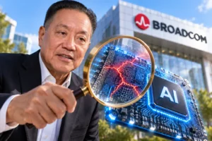 CEO Broadcom Hock Tan menyoroti chip AI dengan kaca pembesar, melambangkan ekspektasi AI dan risiko pendanaan
