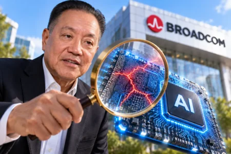 CEO Broadcom Hock Tan menyoroti chip AI dengan kaca pembesar, melambangkan ekspektasi AI dan risiko pendanaan