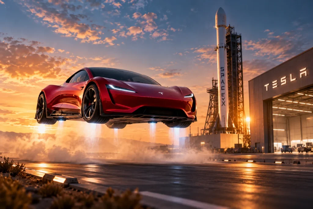 Tesla Siapkan Demo Roadster, Gandeng Teknologi SpaceX - Blog Nanovest Ilustrasi Tesla Roadster merah melayang menggunakan teknologi pendorong dengan roket SpaceX di latar belakang, menggambarkan rencana demonstrasi Roadster generasi kedua dan potensi kolaborasi teknologi Tesla dengan SpaceX.