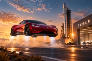 Ilustrasi Tesla Roadster merah melayang menggunakan teknologi pendorong dengan roket SpaceX di latar belakang, menggambarkan rencana demonstrasi Roadster generasi kedua dan potensi kolaborasi teknologi Tesla dengan SpaceX.