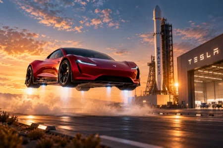Tesla Siapkan Demo Roadster, Gandeng Teknologi SpaceX - Blog Nanovest Ilustrasi Tesla Roadster merah melayang menggunakan teknologi pendorong dengan roket SpaceX di latar belakang, menggambarkan rencana demonstrasi Roadster generasi kedua dan potensi kolaborasi teknologi Tesla dengan SpaceX.