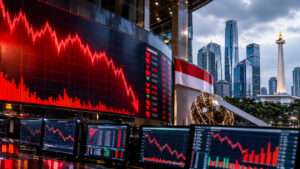 Ilustrasi pasar saham Indonesia melemah dengan grafik IHSG menurun, saham BBCA dan ASII terkoreksi, serta tekanan jual di Bursa Efek Indonesia pada 29 Oktober 2026.