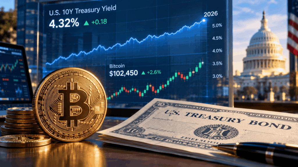 Ilustrasi Korelasi Bitcoin dan Yield Treasury 2026 dengan latar grafik obligasi - Blog Nanovest Ilustrasi Korelasi Bitcoin dan Yield Treasury 2026 dengan latar grafik obligasi