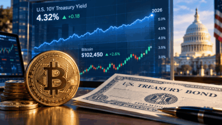 Korelasi Bitcoin dan Yield US Treasury Tembus 0,6 Ilustrasi Korelasi Bitcoin dan Yield Treasury 2026 dengan latar grafik obligasi