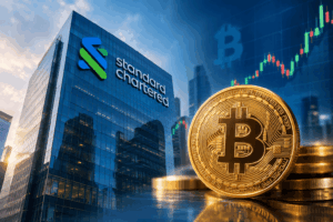 Ilustrasi gedung perbankan Standard Chartered dan logo Bitcoin untuk analisa bitcoin hari ini