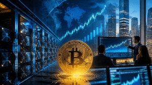 Ilustrasi jaringan server canggih yang merepresentasikan kenaikan hashrate dan keamanan fundamental Bitcoin hari ini.