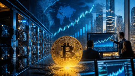 Ilustrasi jaringan server canggih yang merepresentasikan kenaikan hashrate dan keamanan fundamental Bitcoin hari ini.