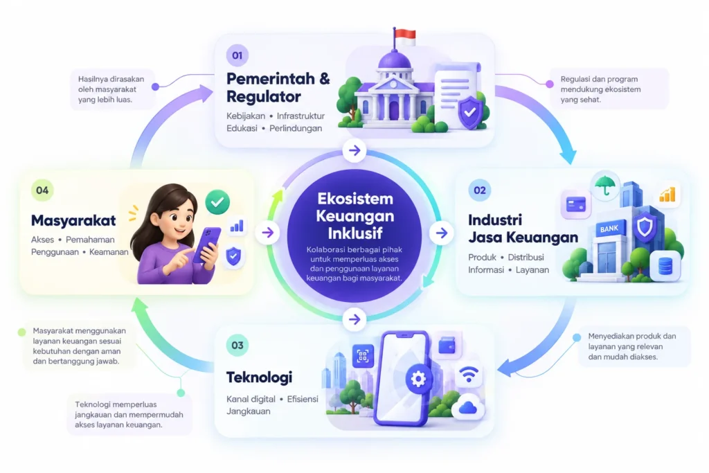 Infografik ekosistem keuangan inklusif: Pemerintah & Regulators, Industri Jasa Keuangan, Teknologi, dan Masyarakat.