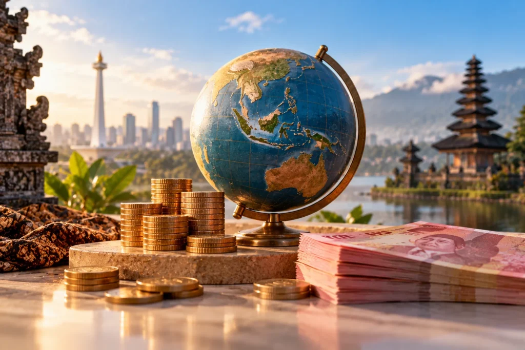 Ilustrasi globe yang menampilkan Indonesia, tumpukan uang rupiah, dan koin emas dengan latar ikon budaya Indonesia, menggambarkan penggunaan IDR dalam transaksi keuangan, nilai tukar, dan investasi global.