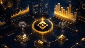 Grafik pertumbuhan suplai RWA dan tren tokenisasi saham di BNB Chain dengan visualisasi aset kripto digital.