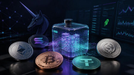 Ilustrasi infrastruktur TJAR Uniswap untuk konversi biaya kripto lintas token dan jaringan blockchain.
