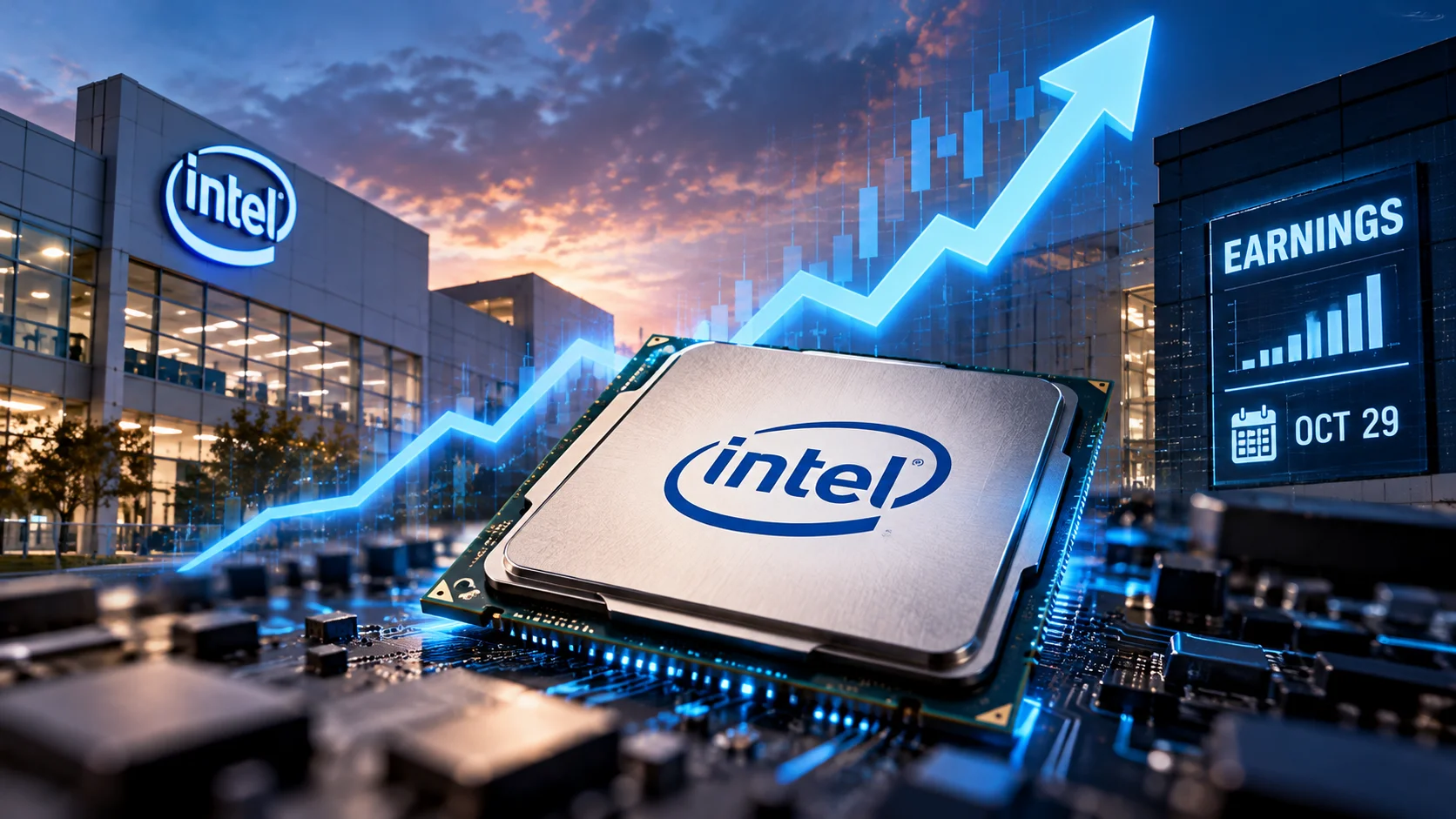 Ilustrasi chip Intel dengan grafik kenaikan saham dan jadwal earnings 29 Oktober 2026, menggambarkan reli saham INTC menjelang laporan keuangan.