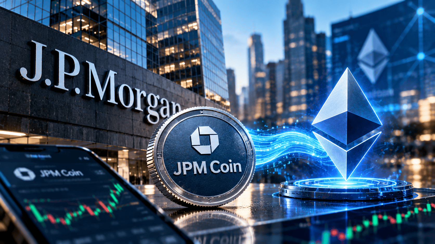 Infografis JPM Coin token deposit blockchain JPMorgan Chase di jaringan Ethereum