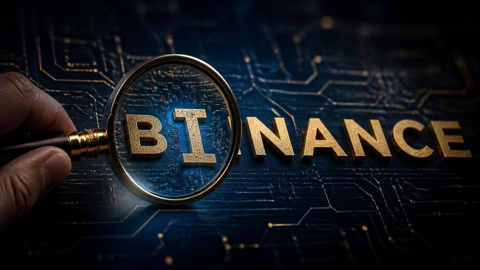 Ilustrasi insiden keamanan Binance dengan jejak digital yang terlihat melalui kaca pembesar