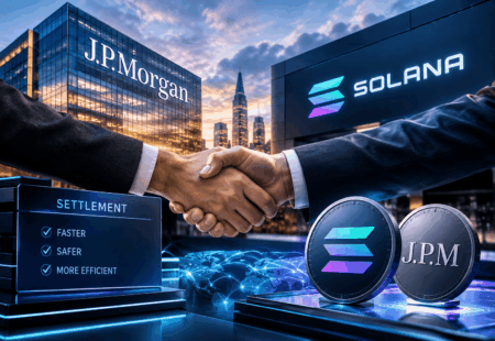 Kerjasama Solana dan JP Morgan Settlement 1 - Blog Nanovest Handshake between two suited professionals with JPMorgan and Solana branding in a cityscape background; settlement benefits listed on a panel (Faster, Safer, More Efficient).