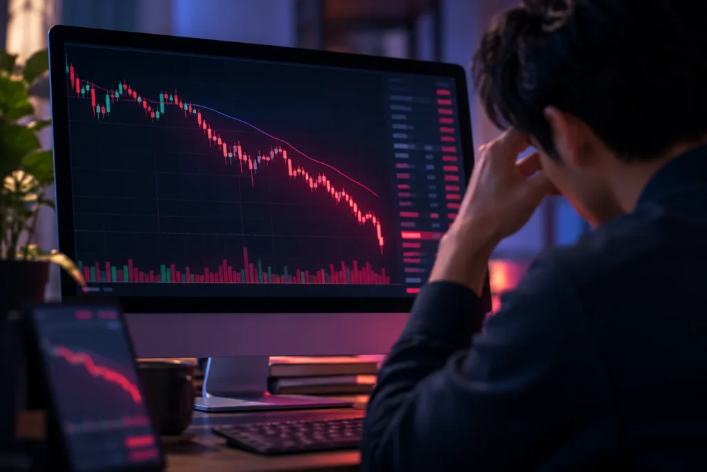 Ilustrasi trader memantau grafik candlestick yang menurun tajam pada layar komputer, menggambarkan tekanan pasar dan meningkatnya risiko margin call akibat kerugian posisi trading.
