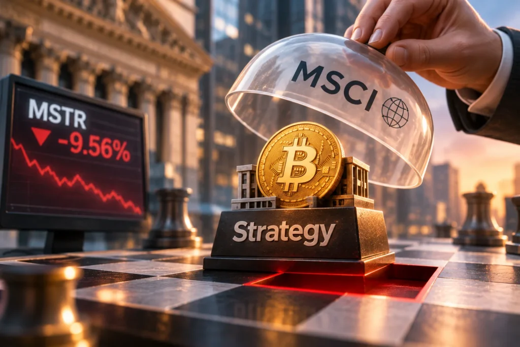 Strategy Terancam Keluar dari Indeks MSCI, Saham Turun 10% - Blog Nanovest Ilustrasi gedung Strategy dan koin Bitcoin terancam tersingkir dari indeks MSCI, di tengah penurunan tajam saham MSTR.