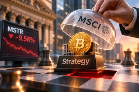 Strategy Terancam Keluar dari Indeks MSCI, Saham Turun 10% Ilustrasi gedung Strategy dan koin Bitcoin terancam tersingkir dari indeks MSCI, di tengah penurunan tajam saham MSTR.