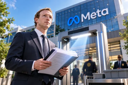 Mark Zuckerberg memegang dokumen pajak di depan kantor pusat Meta dalam sorotan regulator - Blog Nanovest Mark Zuckerberg holding tax documents outside Meta headquarters under regulatory scrutiny