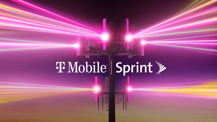 Merger T-Mobile Sprint - Blog Nanovest Cell tower with neon pink light beams and the T-Mobile Sprint logo in the foreground.